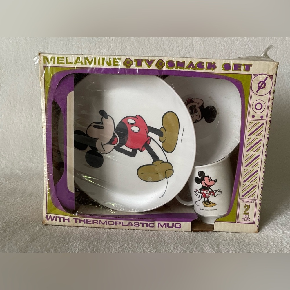 RARE Vintage Disney Mickey Mouse Melamine 3-piece TV Snack Set